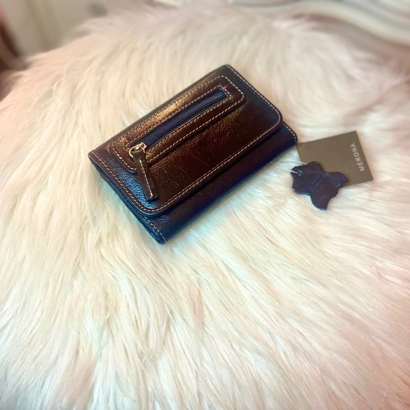 Y2k Vintage Genuine Leather Merona Classic Trifold Women’s Black Zipper Wallet - Picture 3 of 5